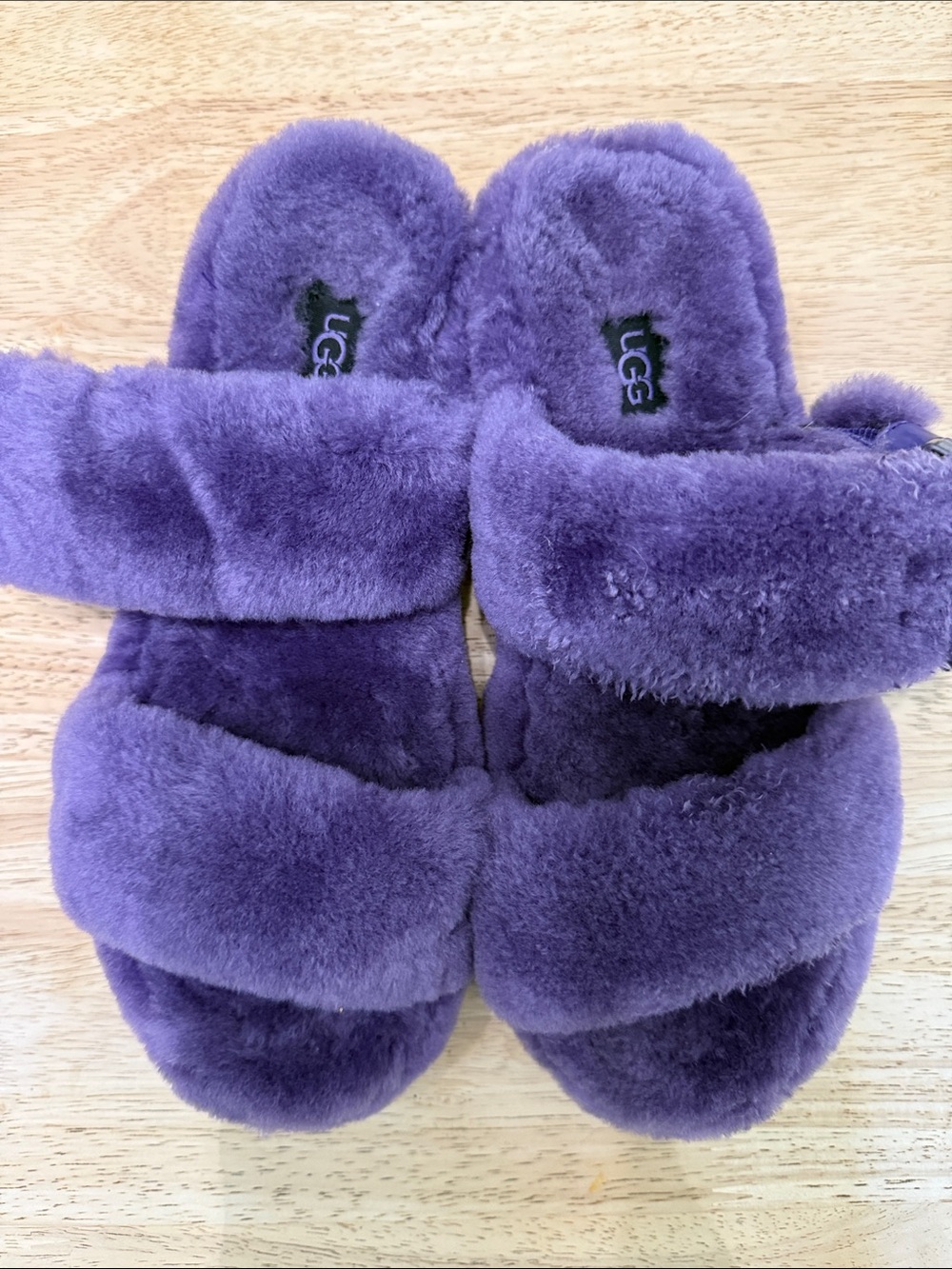 UGG women’s Plush Purple Double-Band Slide Slippers